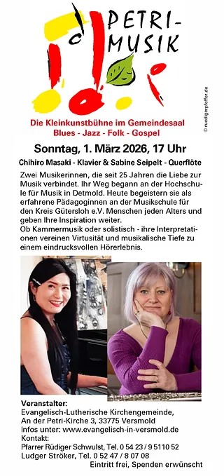 Plakat: Ankündigung des Petrimusik-Konzerts mit Gruppenfoto.