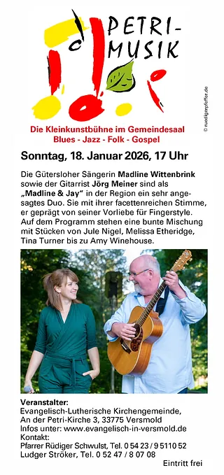 Plakat: Ankündigung des Petrimusik-Konzerts mit Gruppenfoto.