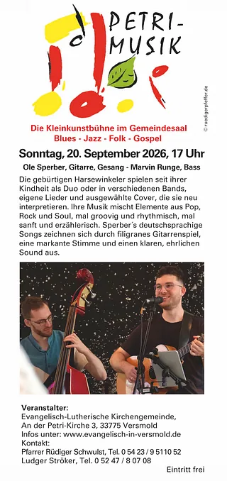 Plakat: Ankündigung des Petrimusik-Konzerts mit Gruppenfoto.
