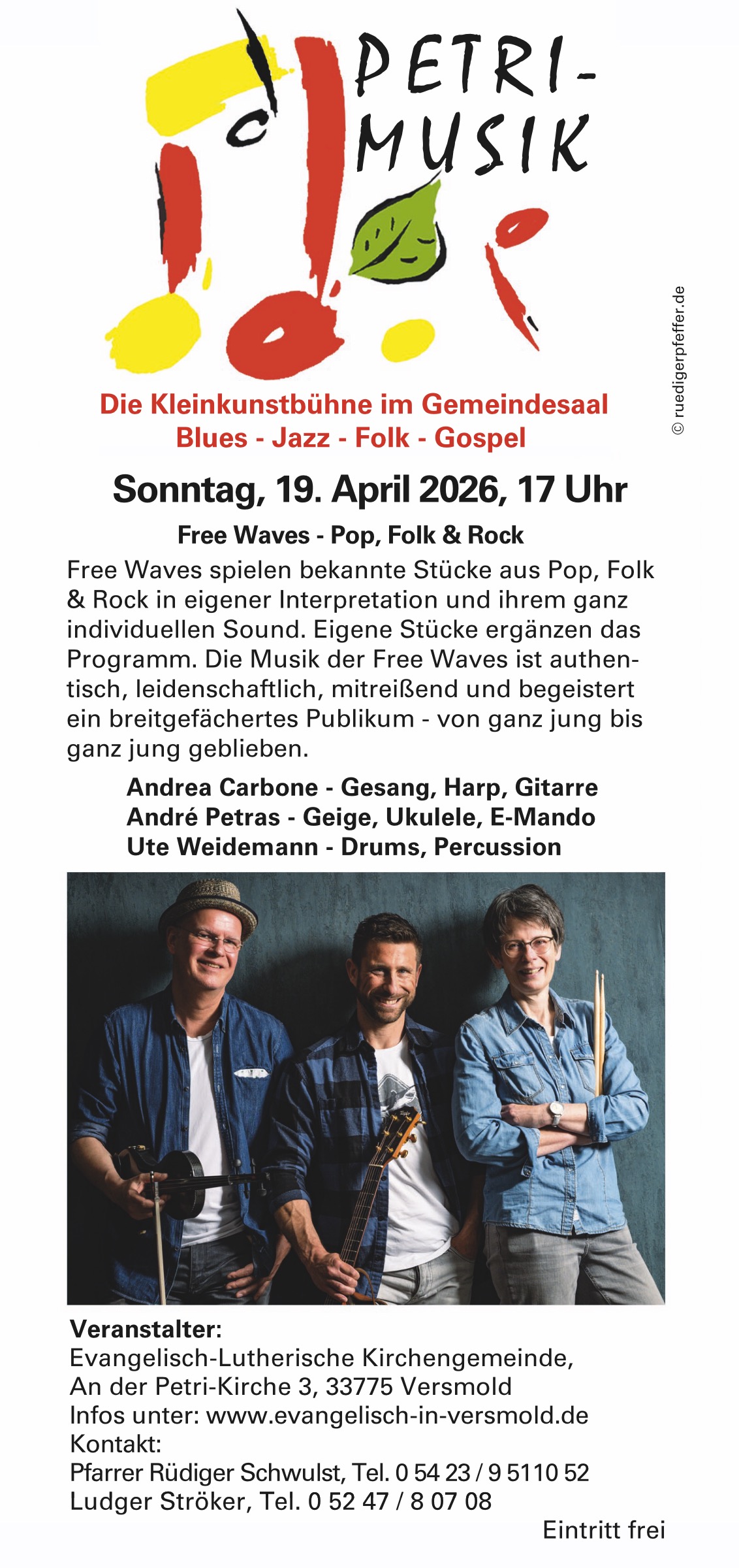 Plakat: Ankündigung des Petrimusik-Konzerts mit Gruppenfoto.