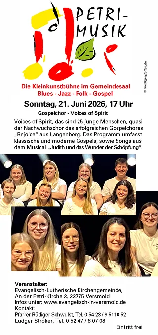 Plakat: Ankündigung des Petrimusik-Konzerts mit Gruppenfoto.
