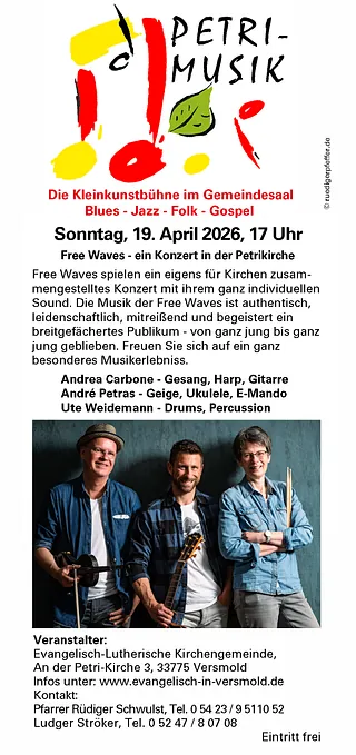 Plakat: Ankündigung des Petrimusik-Konzerts mit Gruppenfoto.