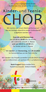 Plakat: Ankündigung zum Vorsingen für den Kinder- und Teenie-Chor der Kirche.