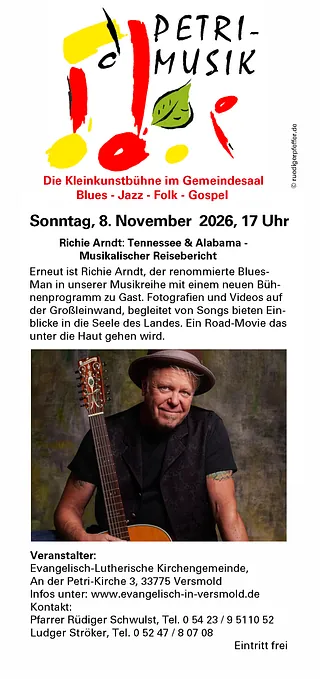 Plakat: Ankündigung des Petrimusik-Konzerts mit Gruppenfoto.